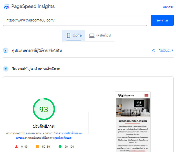 ผลการทดสอบประสิทธิภาพเว็บไซต์ แบบ Mobile