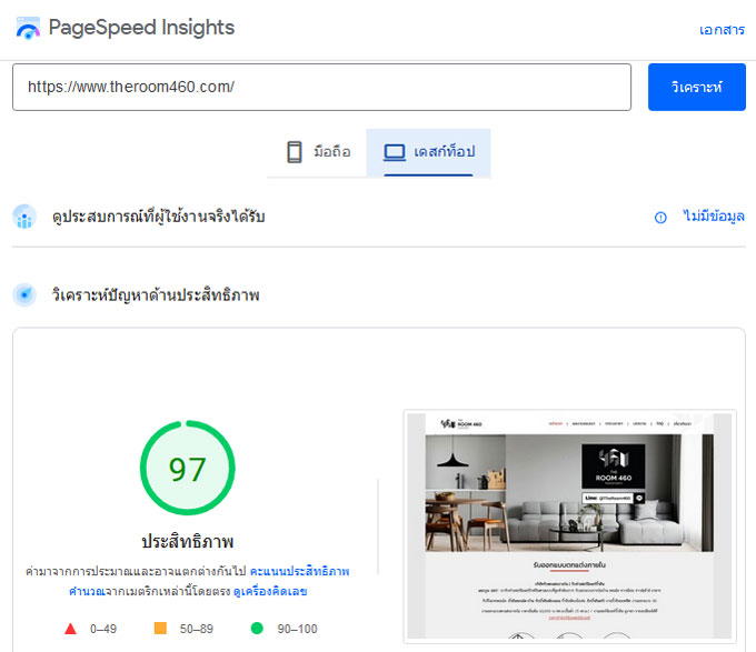ผลการทดสอบประสิทธิภาพเว็บไซต์ แบบ Desktop